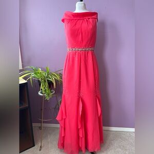 Bright pink cowl neck sleeveless evening gown with rhinestones